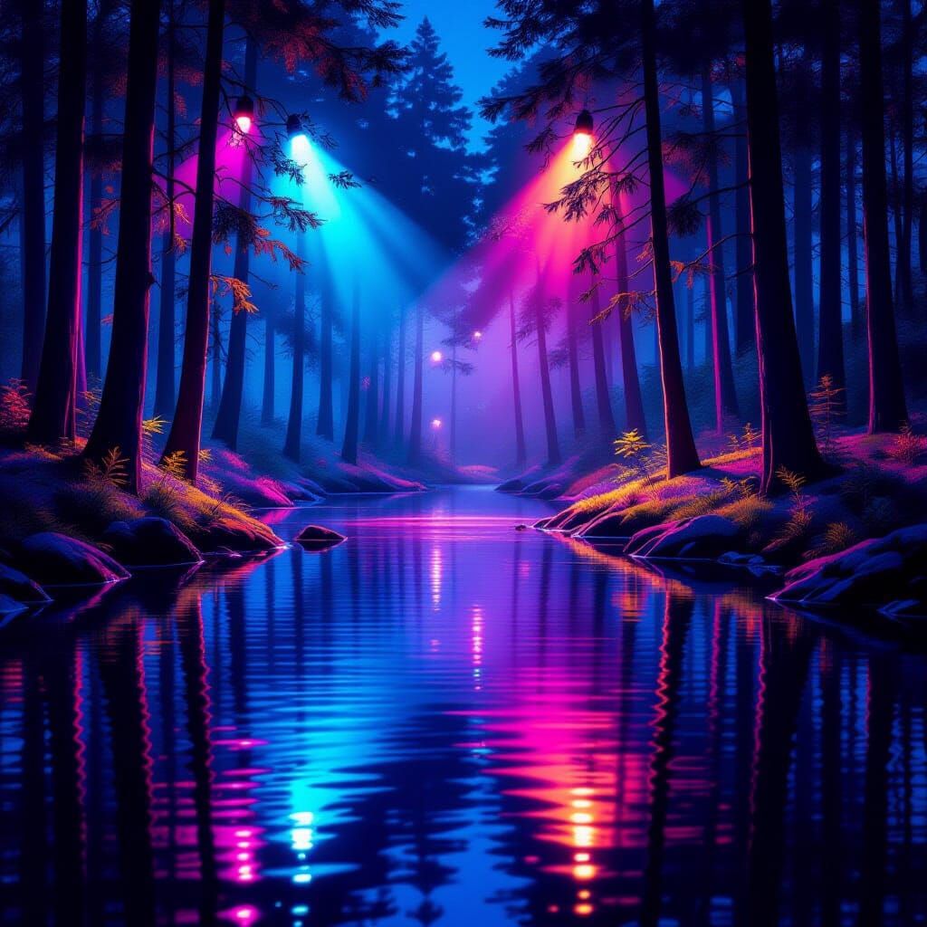 Mysterious Forest Night with Vibrant Spotlight Reflections