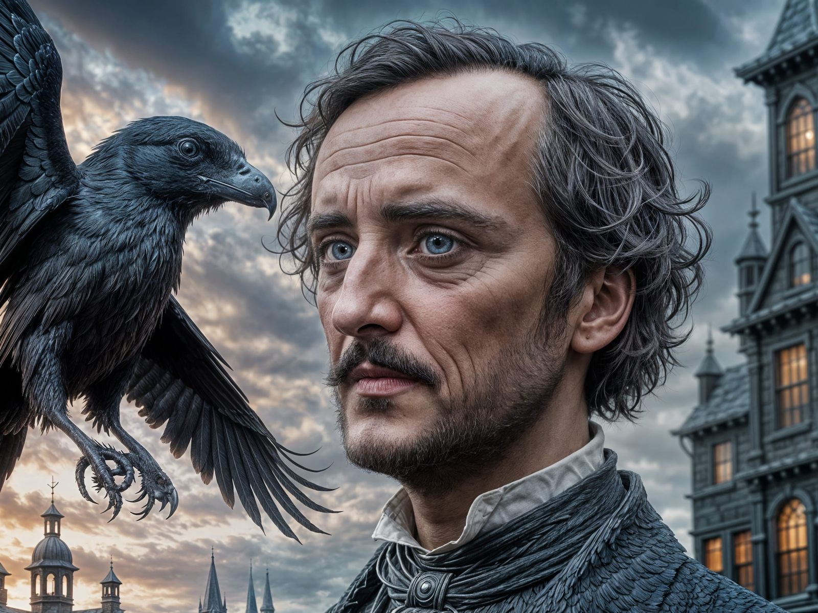 Edgar Allen Poe Contemplates a Raven in a Dreamlike Rooftop ...