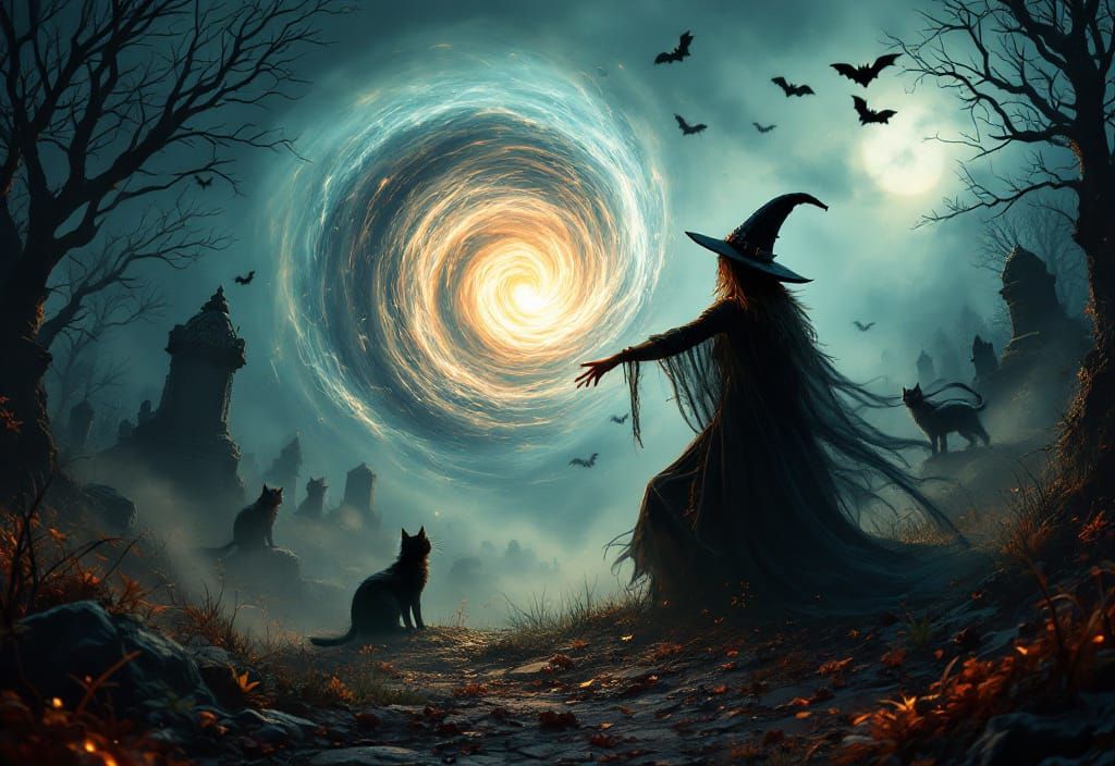 Halloween Witch Casts a Spooky Cemetery Spell
