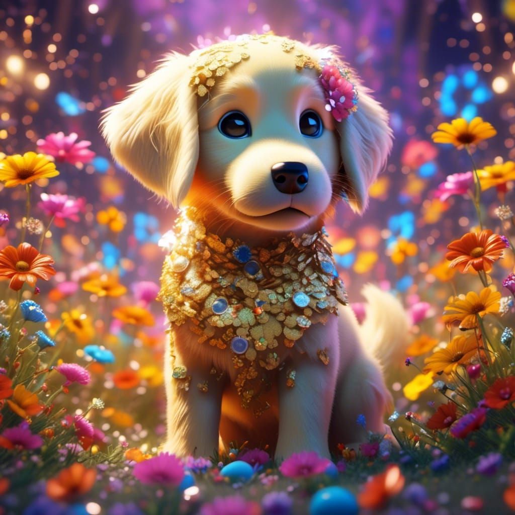 Sparkling Golden Retriever Puppy in Floral Scene