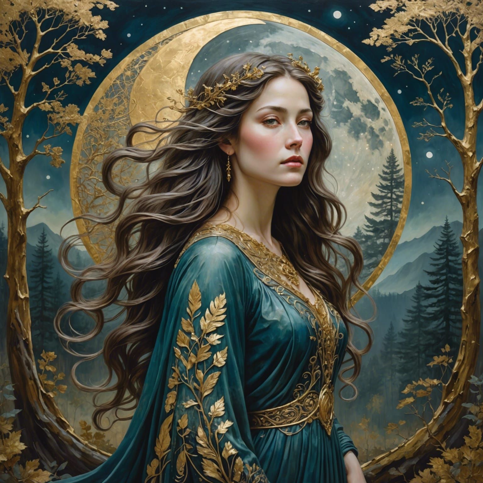 Ethereal Woman with Moonlit Forest, Detailed with Gold
