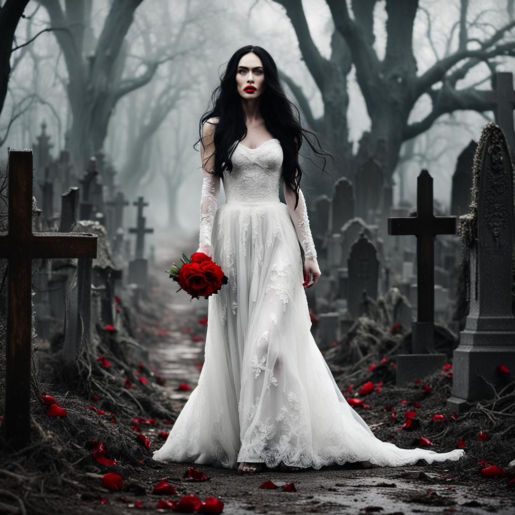 Grieving Woman in Graveyard with Red Rose