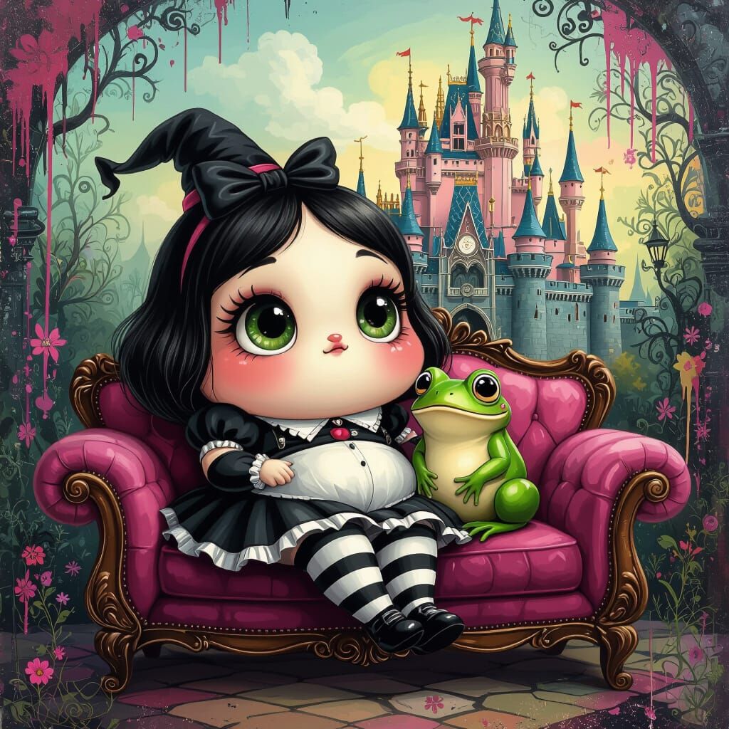 Whimsical Bird Character with Frog in Medieval Castle