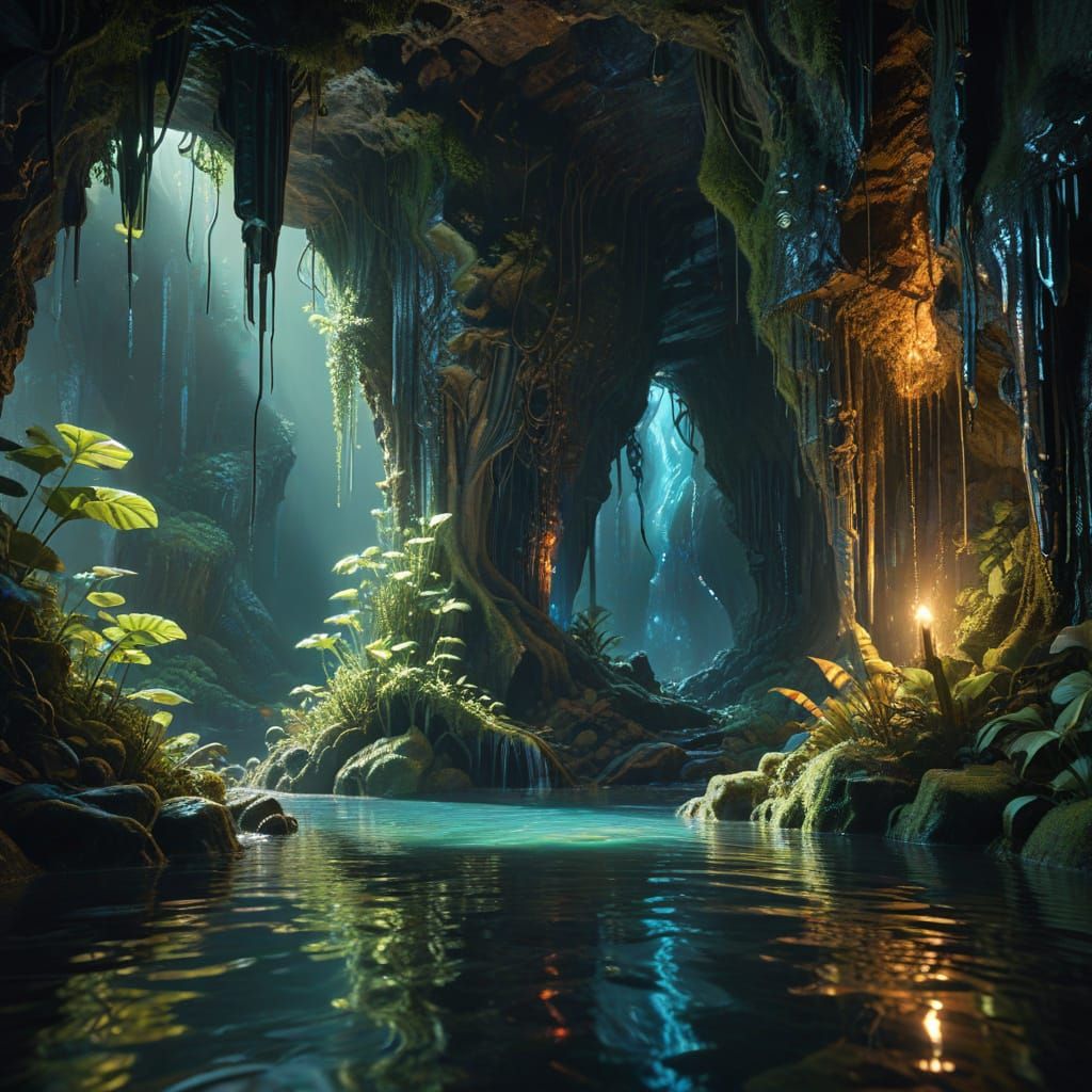 Mossy Waterfall Cavern with Iridescent Stalactites