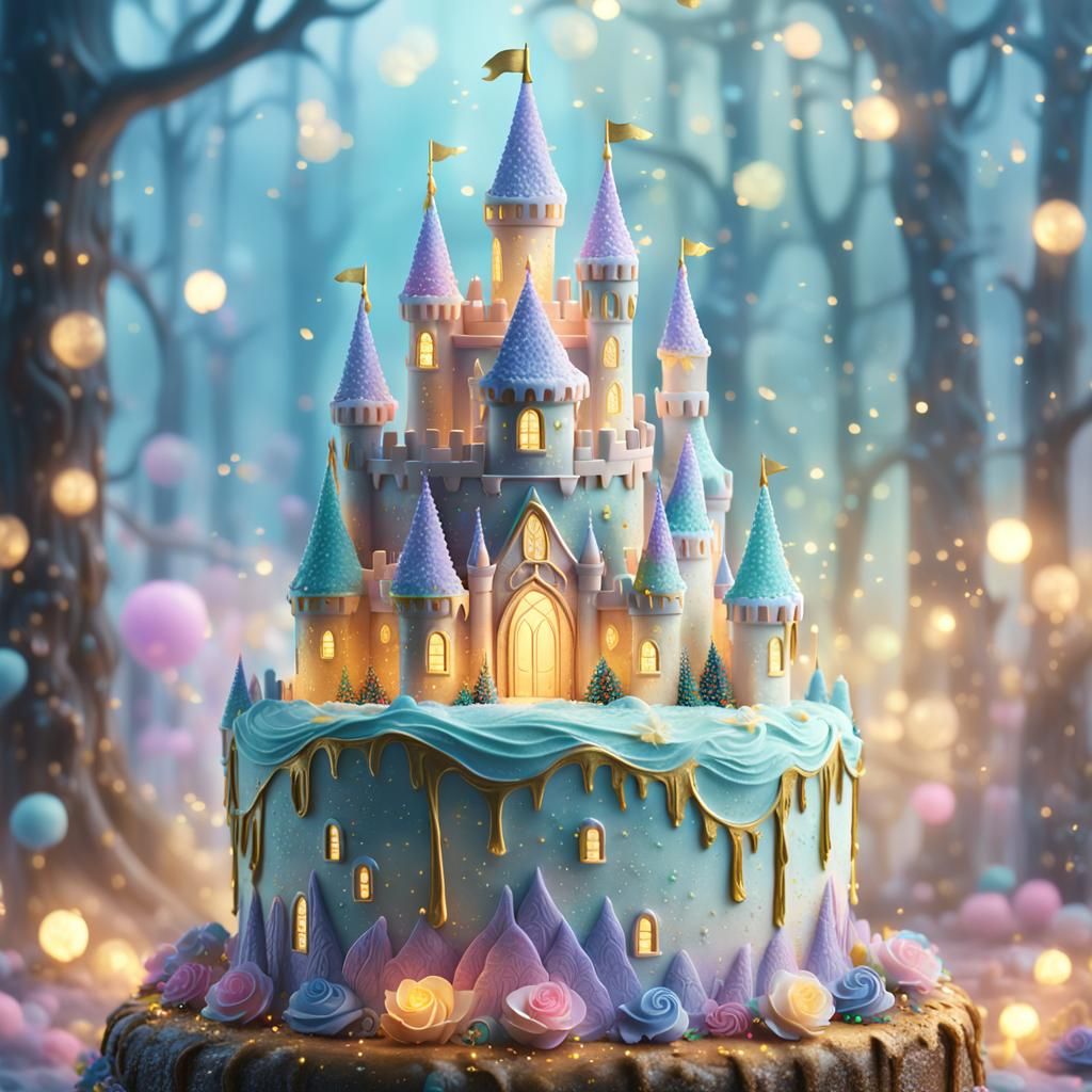Ethereal Castle Cake in Misty Forest