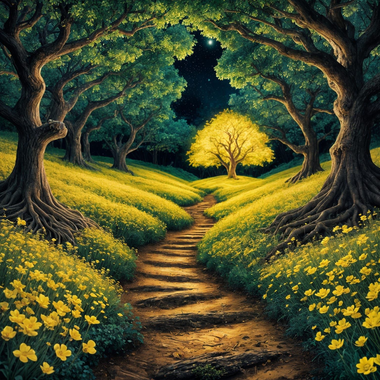 A path of curves is projected into a field of small yellow f...