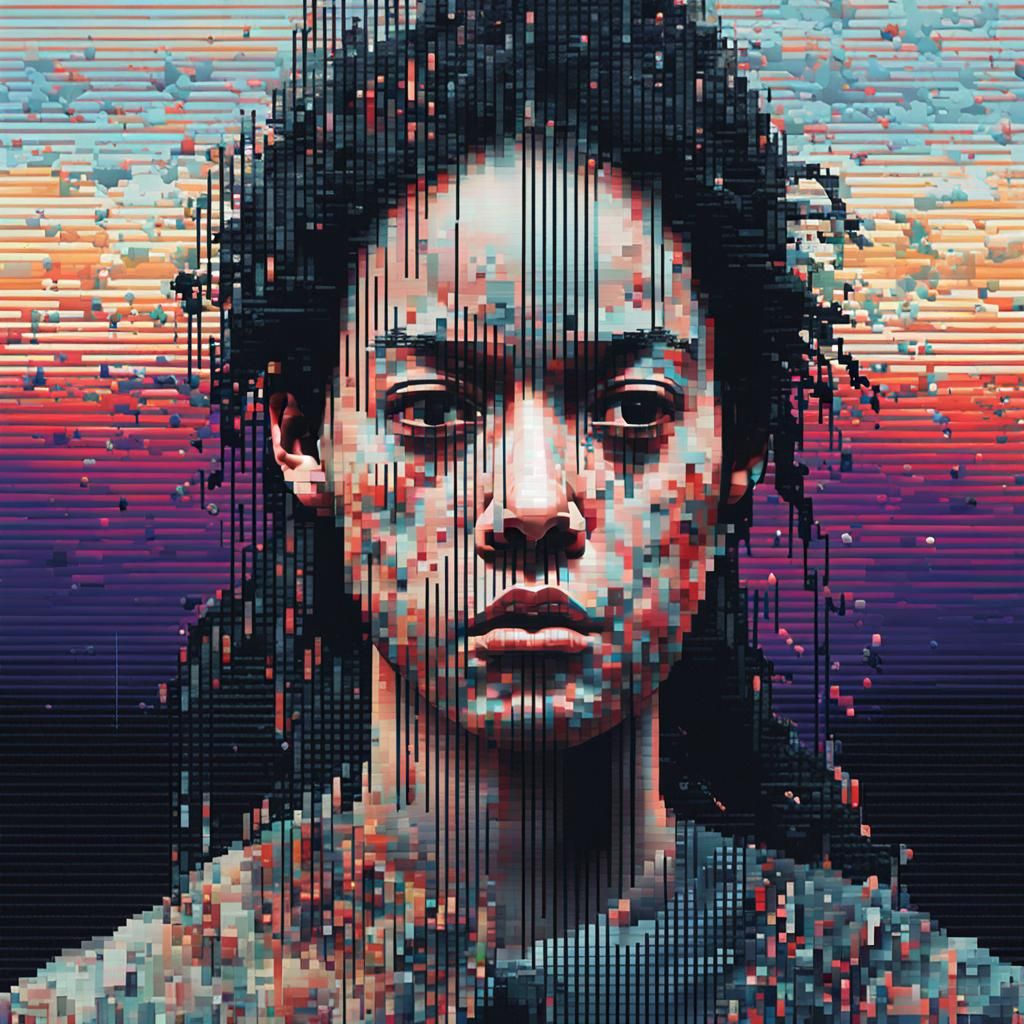 Glitch Art Portrait with Pixelation and Static