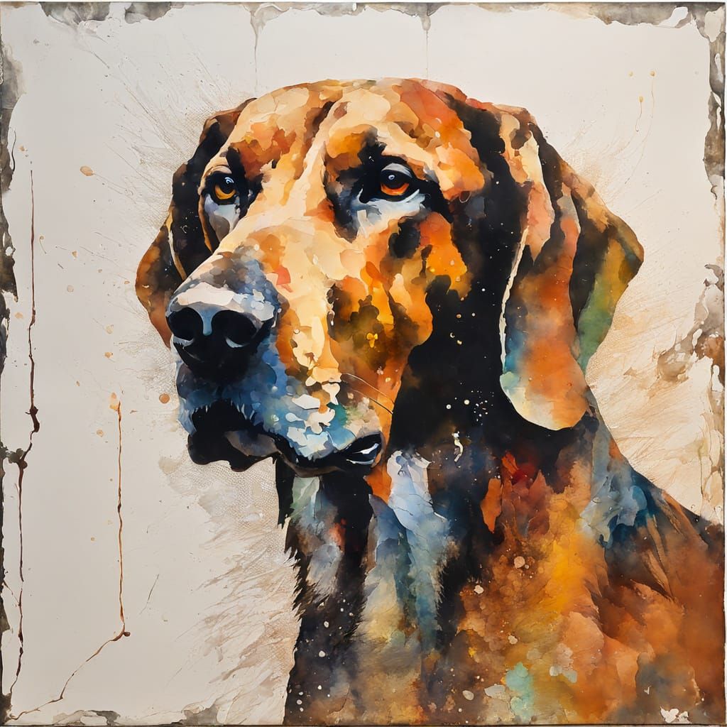 Hound Dog Portrait in Encaustic Watercolor Style