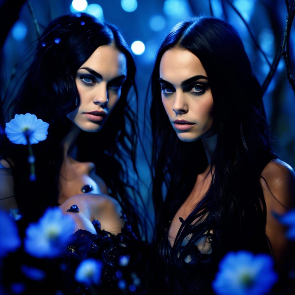 Goddesses Nyx and Selene at night.