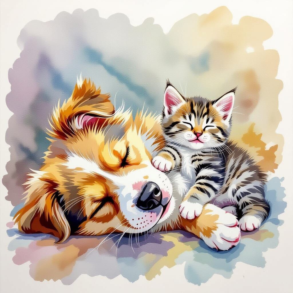 Kitten Napping on Dog in Watercolor Style