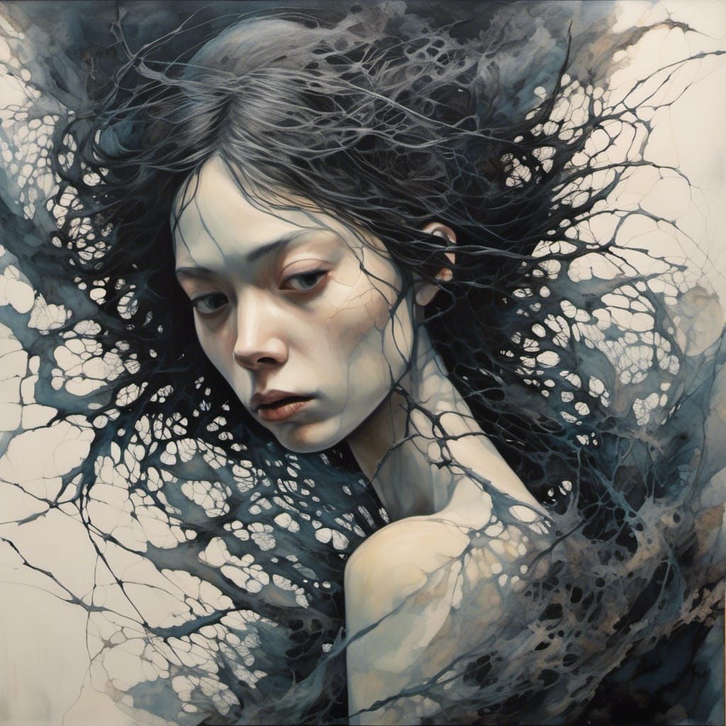 Fiery Fishernet Woman Portrait in Dark Fantasy Style