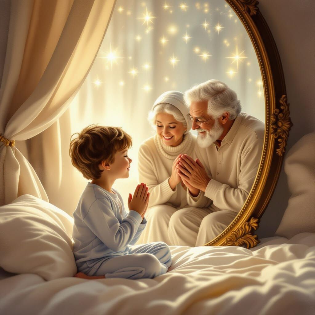 Boy Prays While Grandparents Watch from Mirror