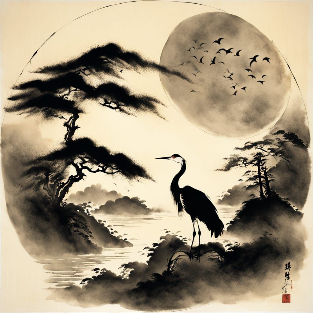 Surreal Sumi-e Crane Under a Glowing Moon