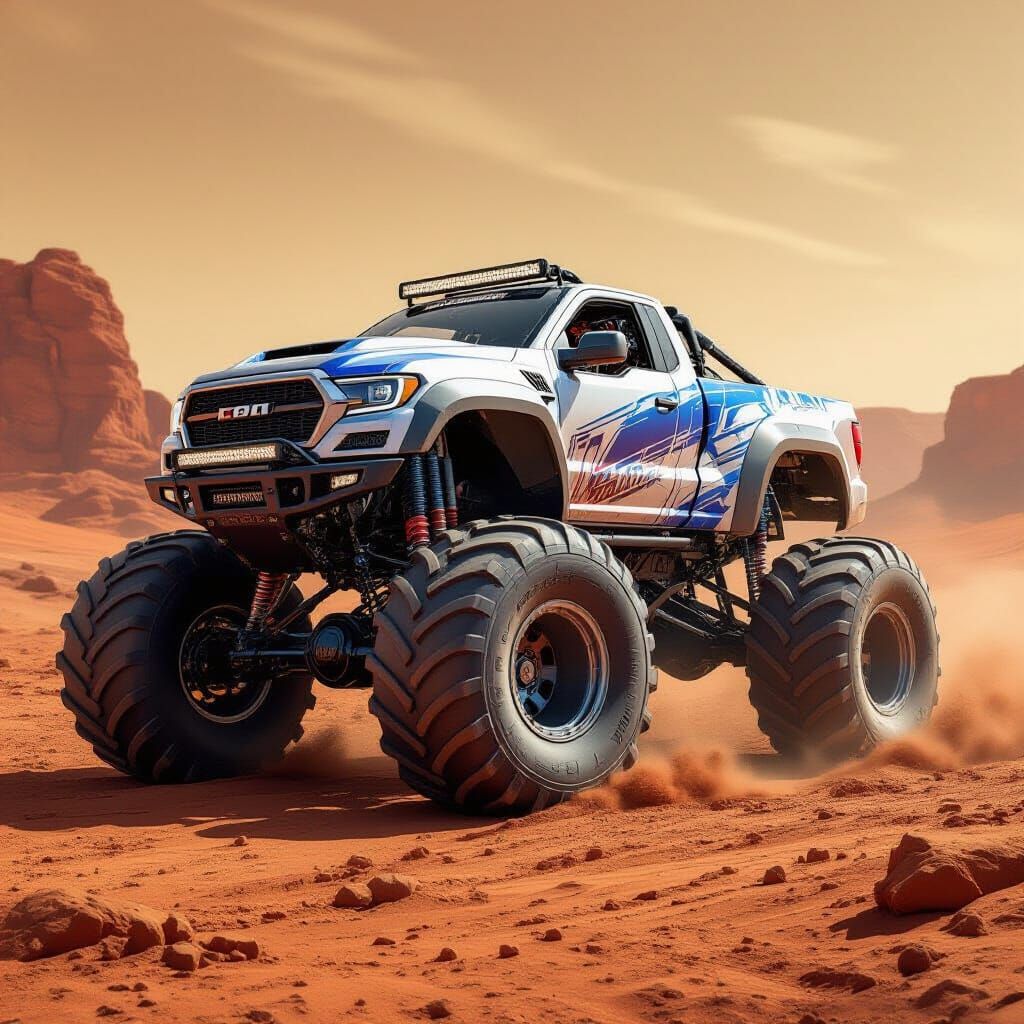 Monster Truck Rally on Mars in Airbrush Style