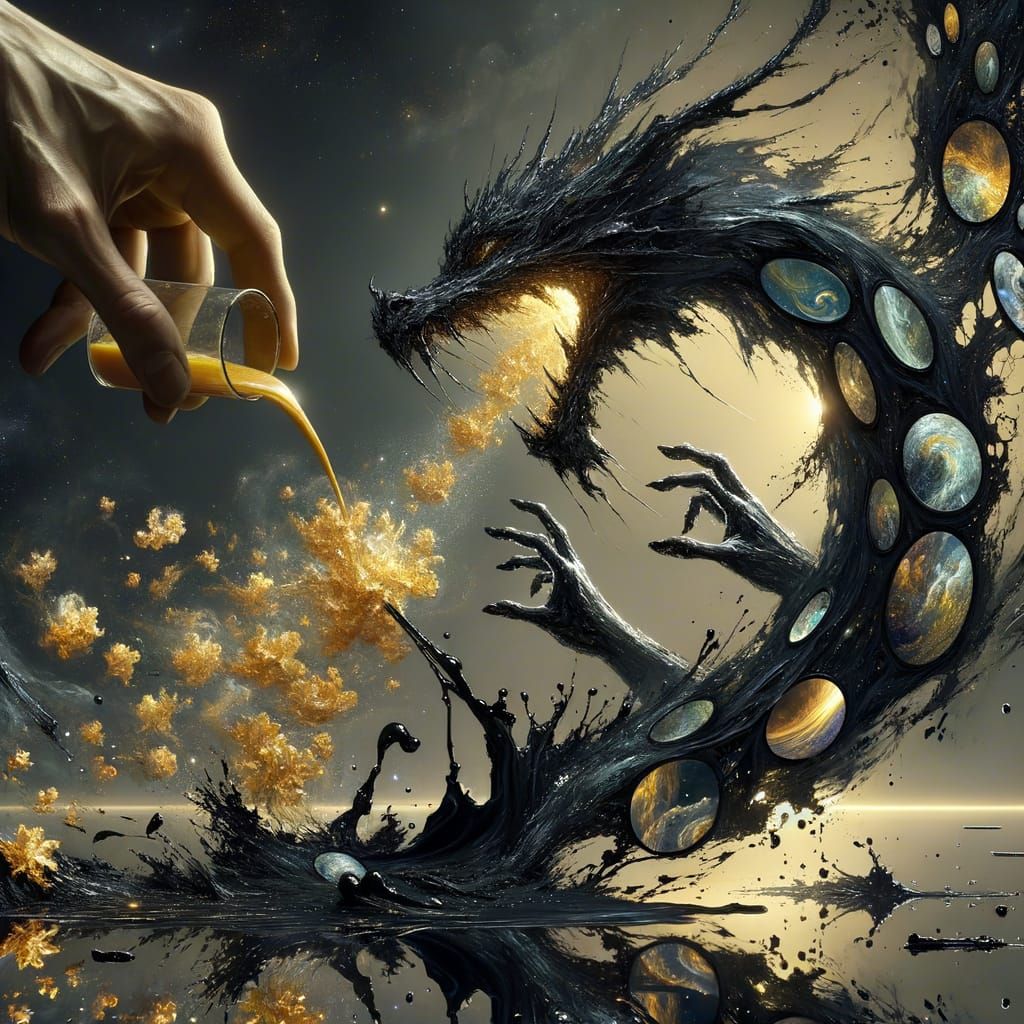 Dragon Emerge from Cosmic Ink Splash in Abstract Art