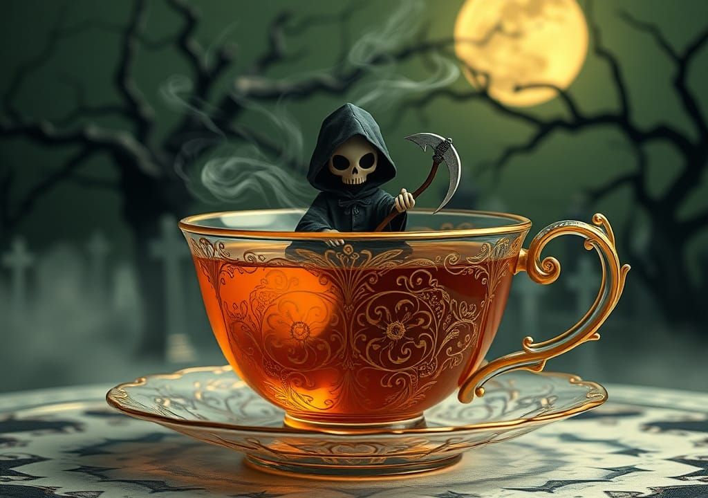 Grim Reaper Teacup Scene in Gothic Art Nouveau Style