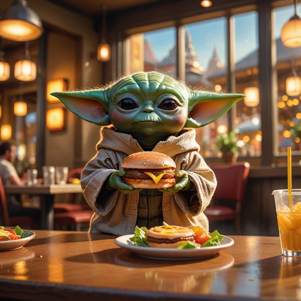 Baby Yoda Savoring a Burger in a Golden Glow