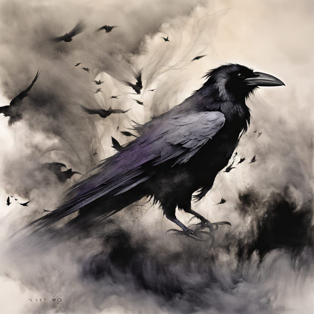 Velvet Smoke and Ravens in Zao Wou-Ki Style