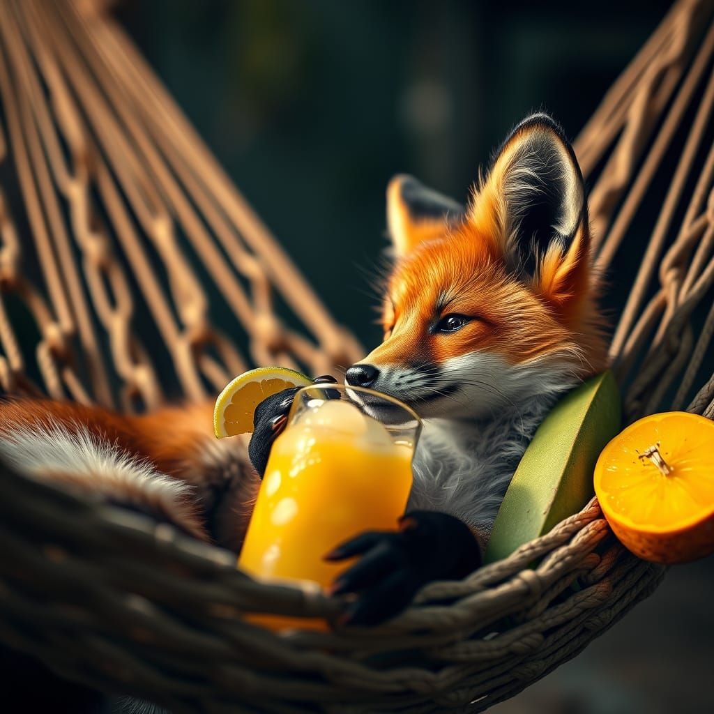 Fox in Hammock Sipping Piña Colada