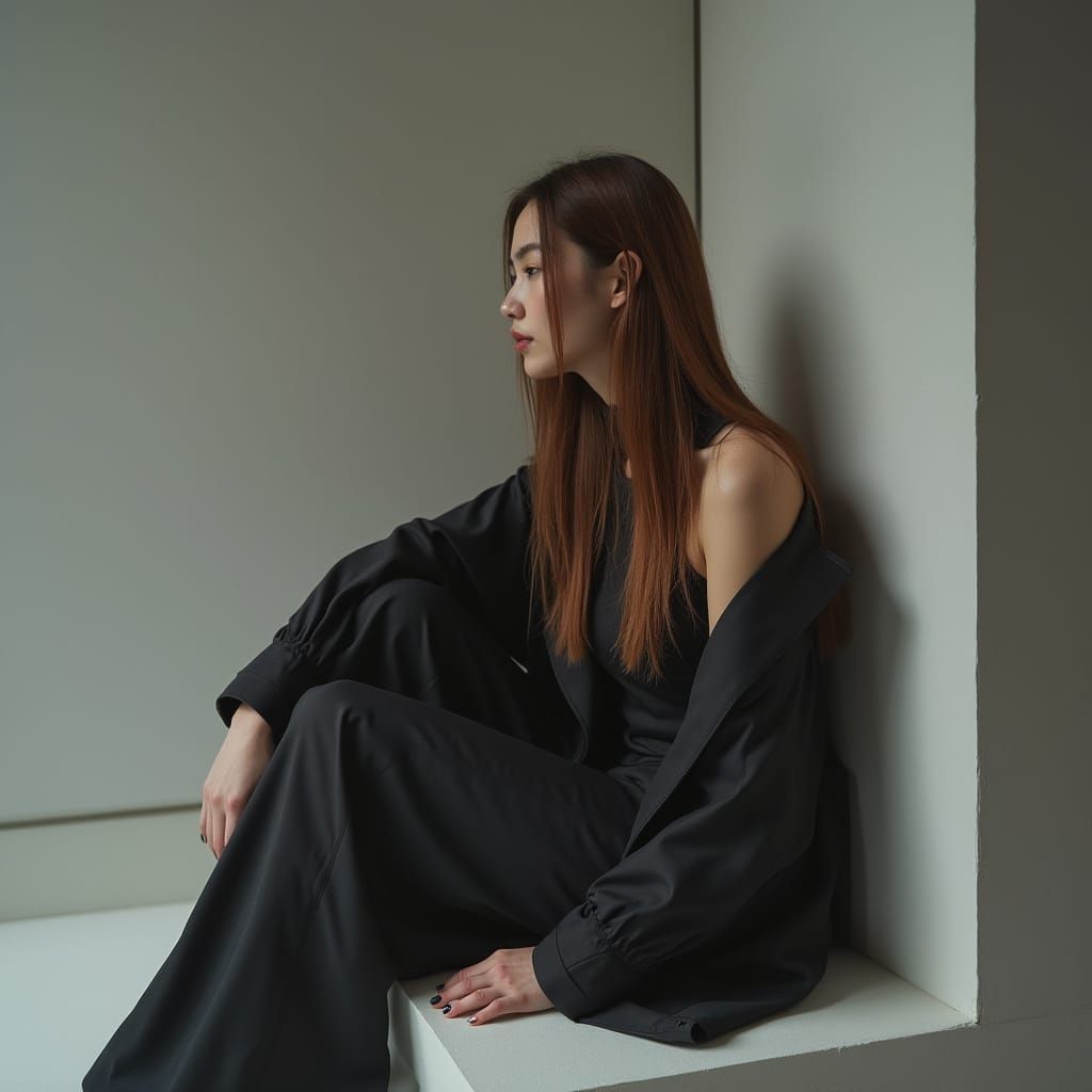 Elegant Eurasian Woman in Minimalist Fashion Setting