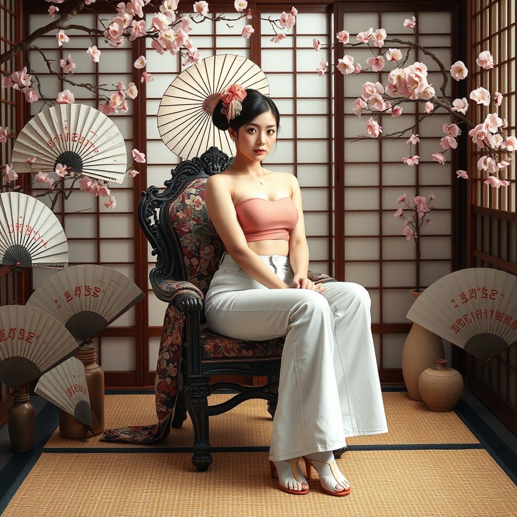 Geisha in Modern Jeans with Cherry Blossoms