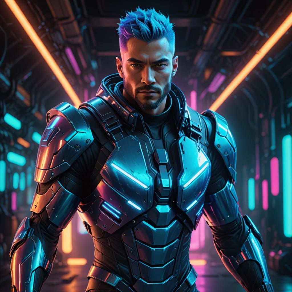 Cyberpunk Hero in Metallic Bodysuit