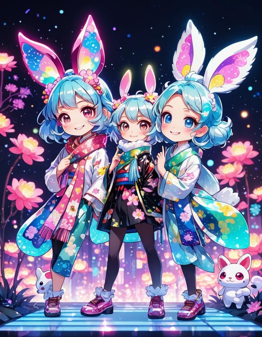Chibi Animal in Geisha Costume with Neon Blossoms