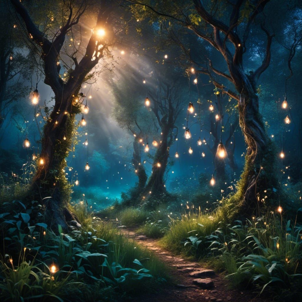 Eerie Enchanted Forest with Wisps at Night