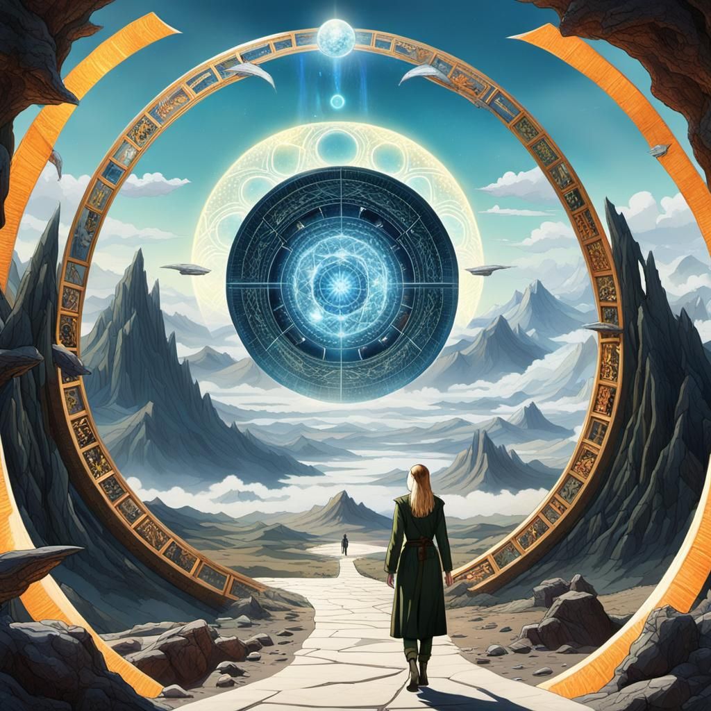 Woman Walks into Stargate in Surreal Landscape
