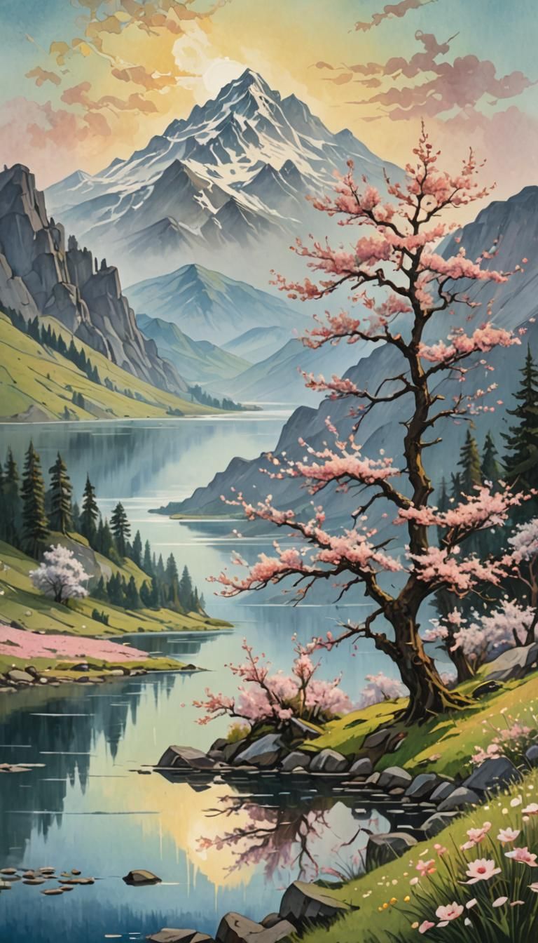 Blossoms in Mountain Landscape as Impasto Gouache