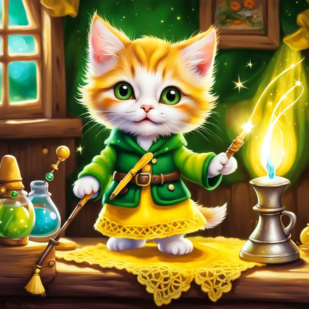 Cute Kitten Wizard in Cozy Cottage, Airbrush Painting