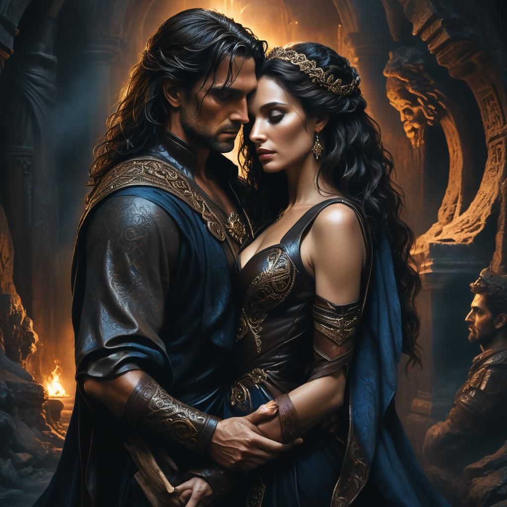 Fantasy God and Goddess Embrace in Dark World