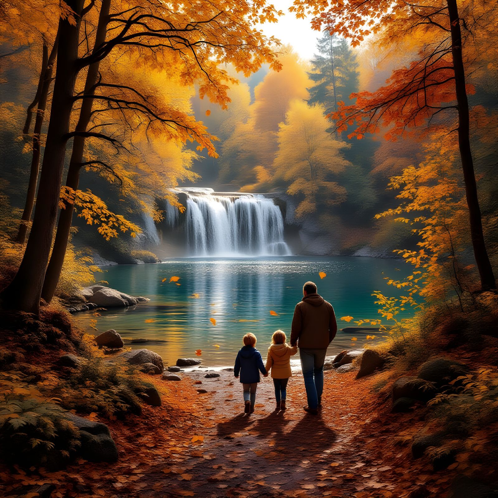 Autumn Waterfall Serenity with Father and Child