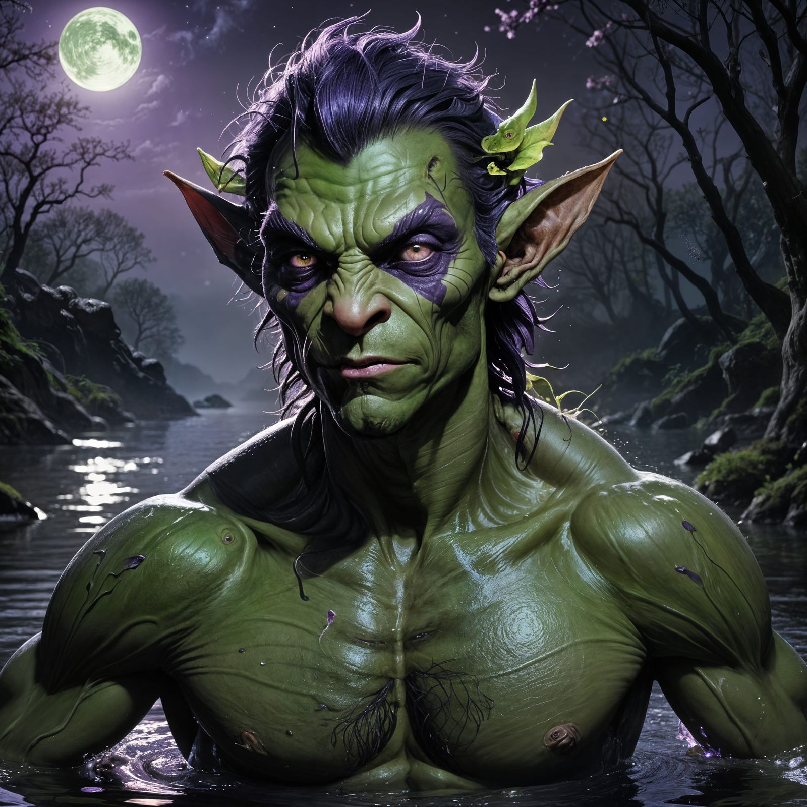 Handsome Goblin Bathes in Spring at Night
