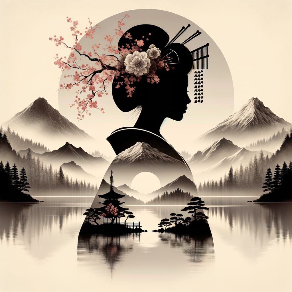Realistic Showcasing the intricate silhouette of a geisha wi...