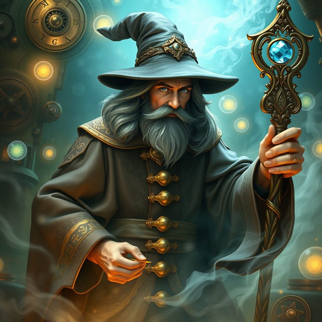 Mystical Wizard in Whimsical Steampunk Landscape