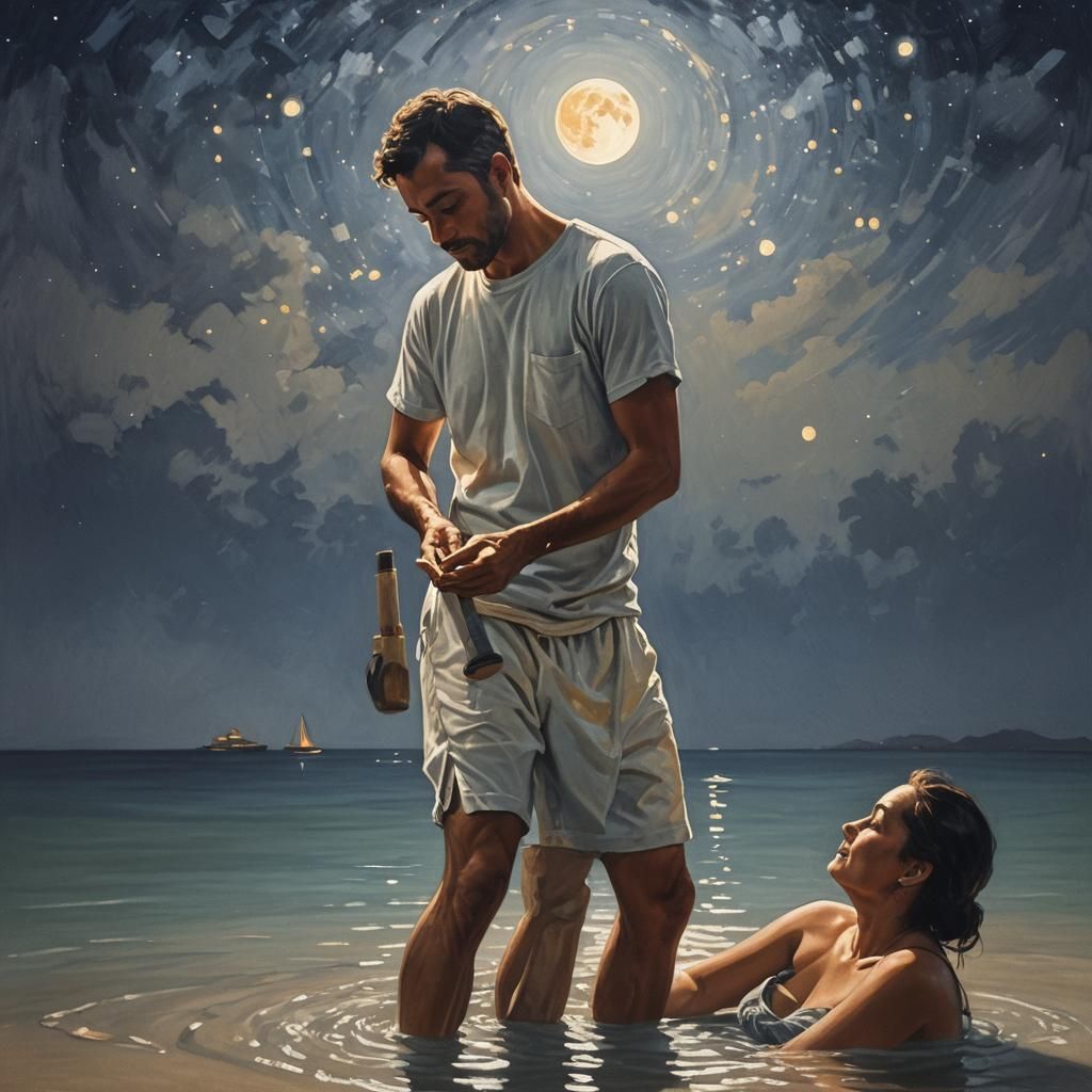 Man Painting Woman in Moonlight
