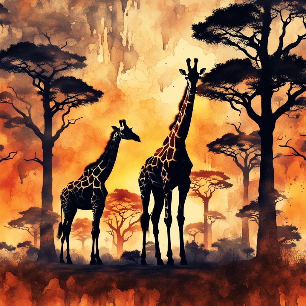 Giraffe Double Exposure: Ink Painting Sunset