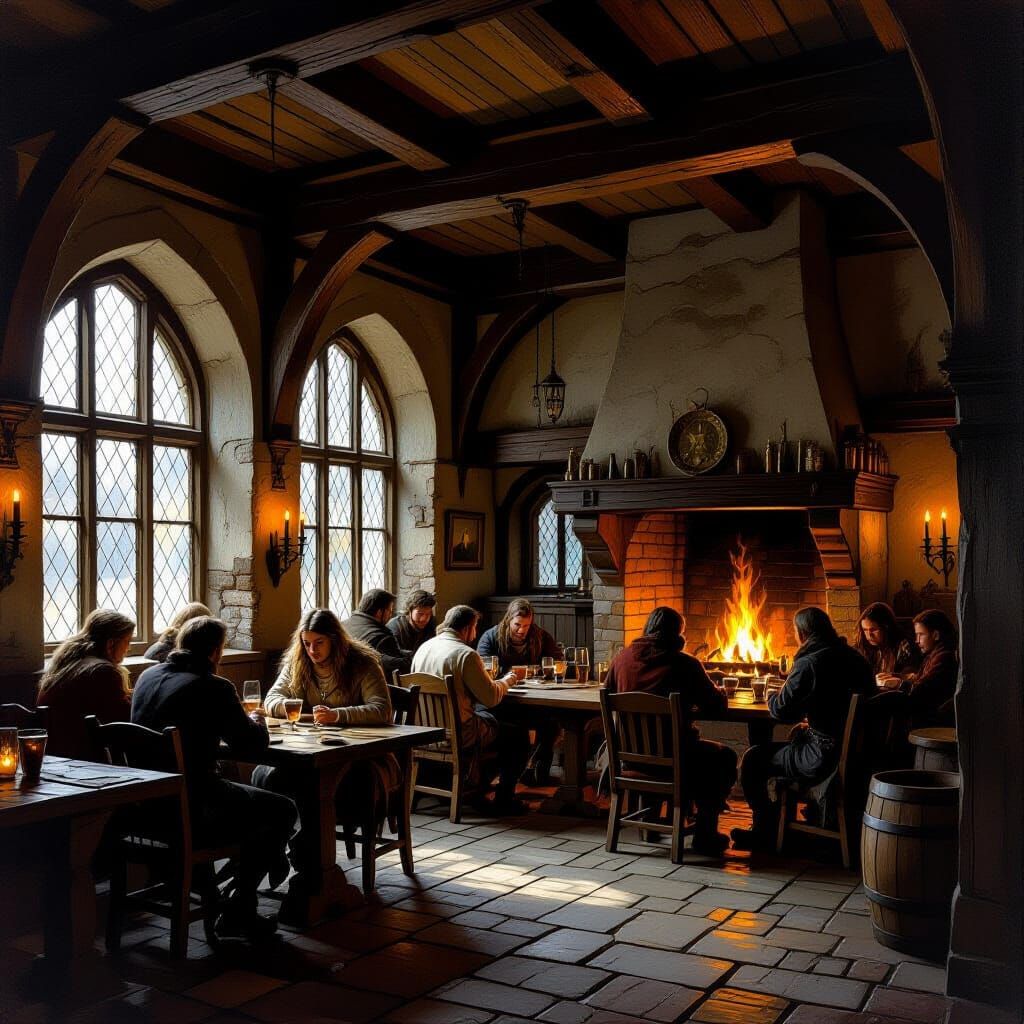 Rustic Medieval Inn Interior: A Cozy Gathering