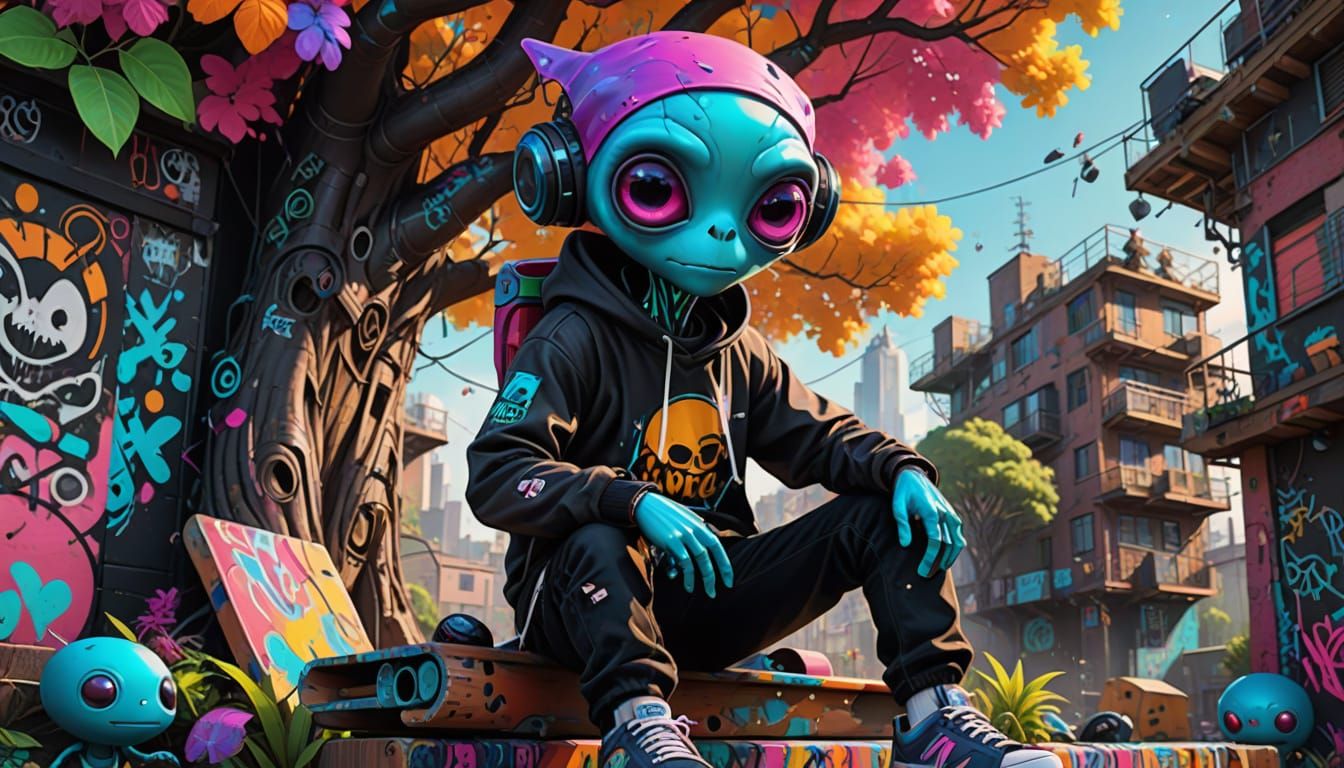 Vibrant, Glowing Aliens Hang Out in a Colorful Treehouse