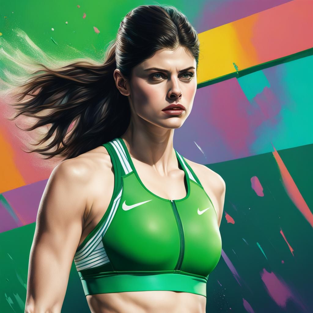 Alexandra Daddario in Green Latex Sports Bra