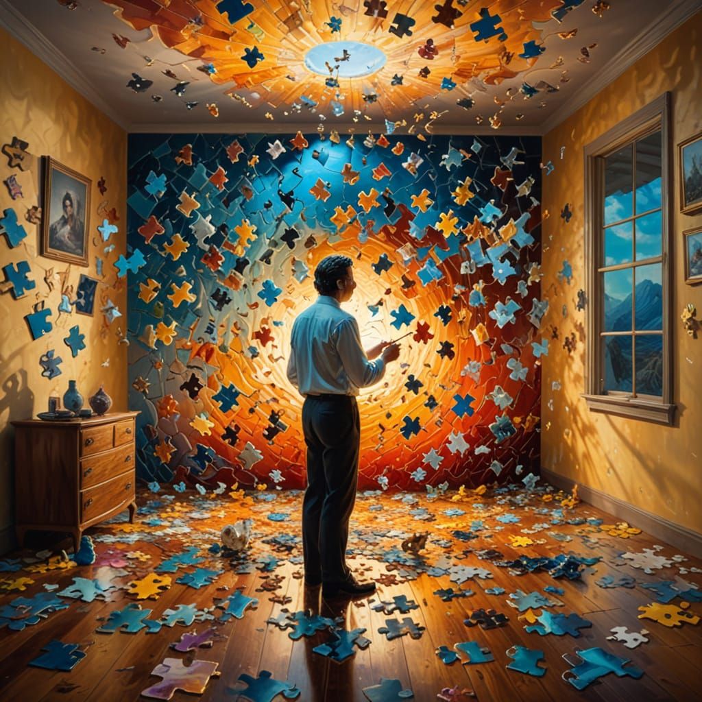 Surreal Jigsaw Puzzle Scene in Vibrant Oil Painting Style