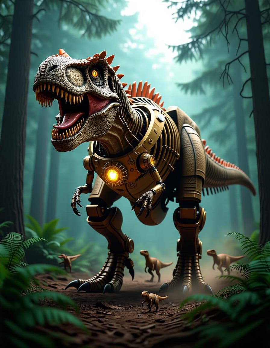 Steampunk T-Rex Roars Through Primeval Forest
