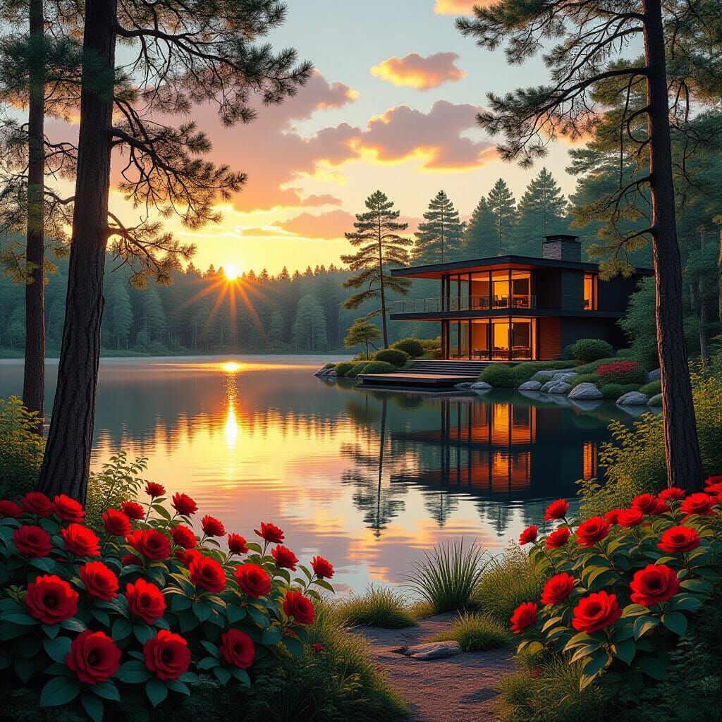 Serene Country House at Golden Hour Sunset