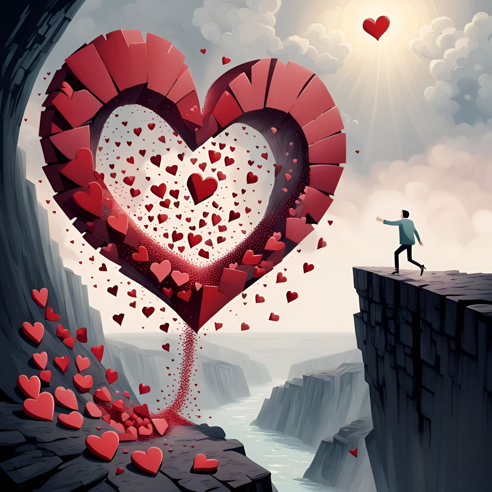 Man Falls Towards Giant Heart, Leaving Heart Trail