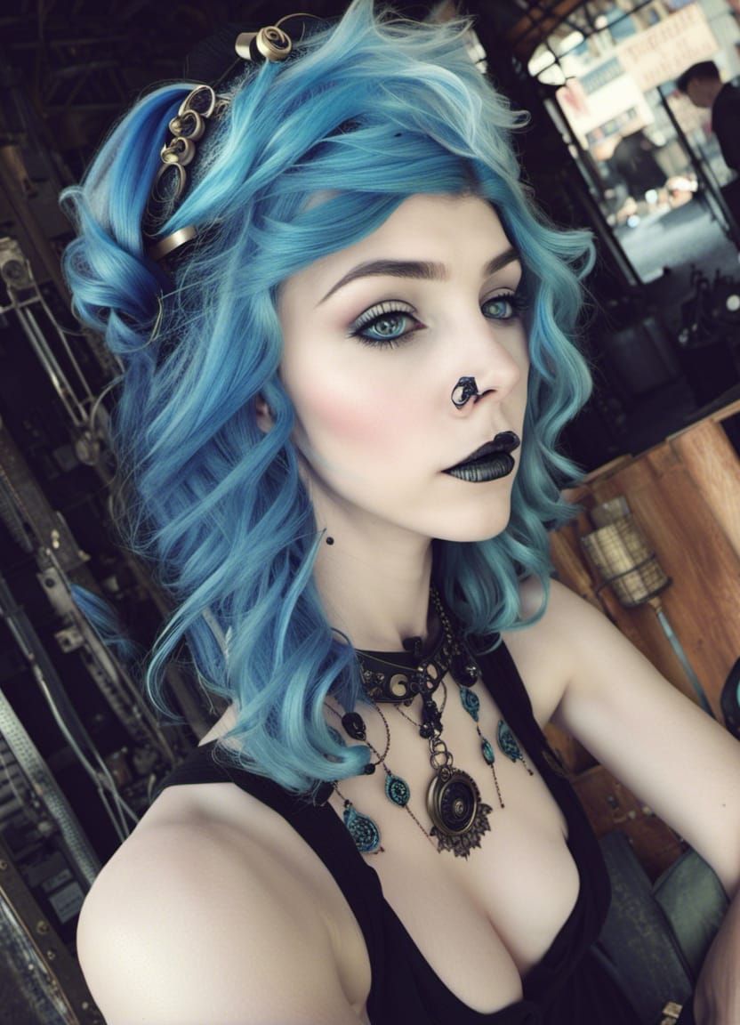 Enchanting Steampunk Girl with Blue Hair