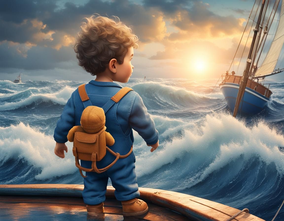 Boy on Blue Sailing Boat at Sunrise