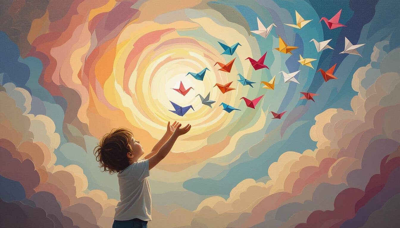 Child Releasing Origami Birds into Dreamlike Sky