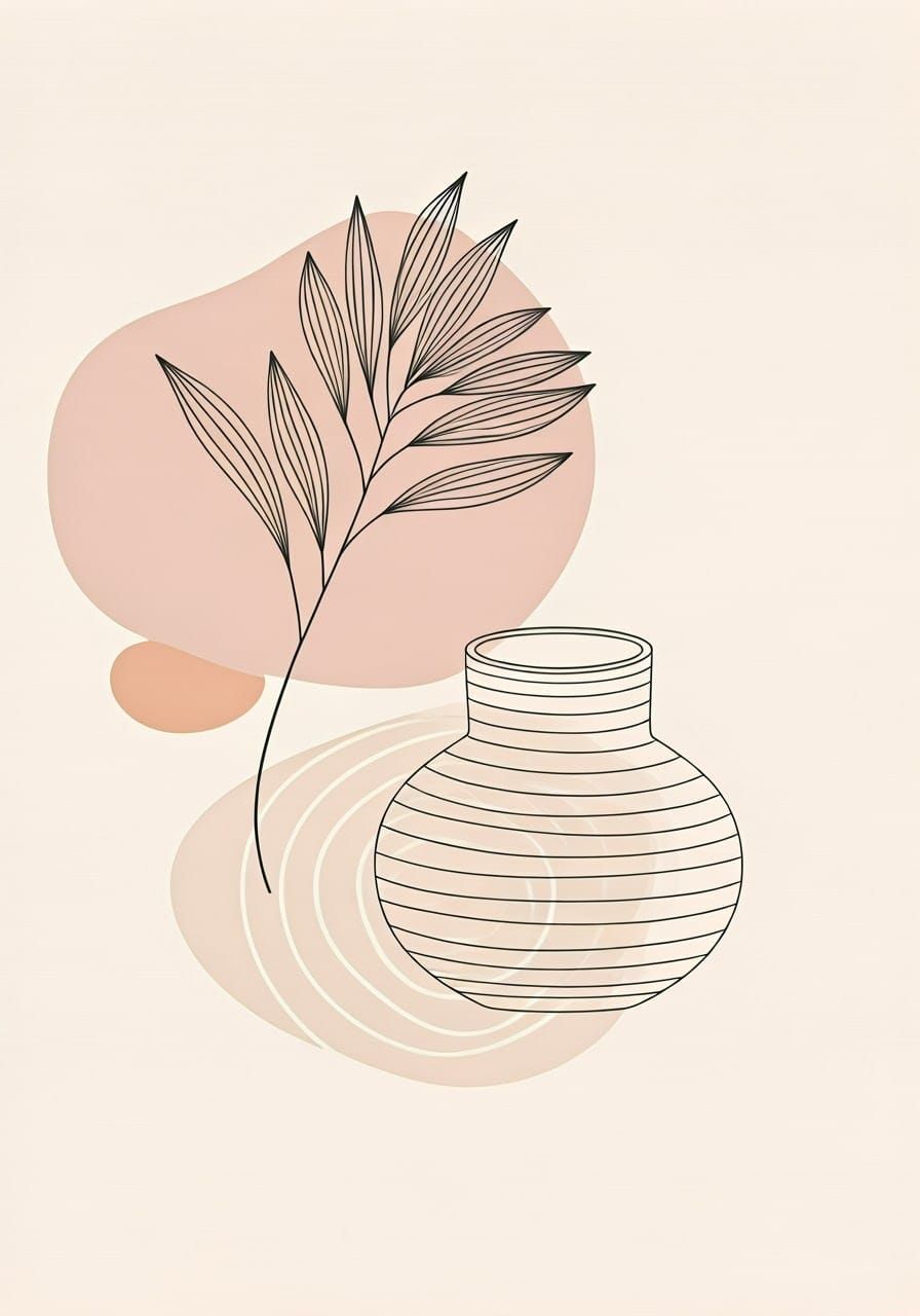 Delicate Minimalist Line Drawing of Botanical and Ceramic El...