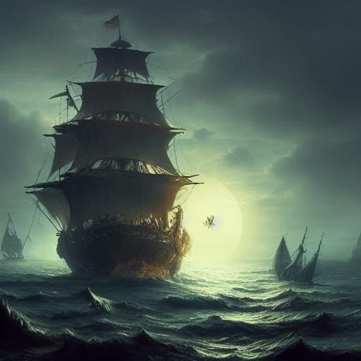 Moonlit Pirate Ship in Dark Fantasy Style